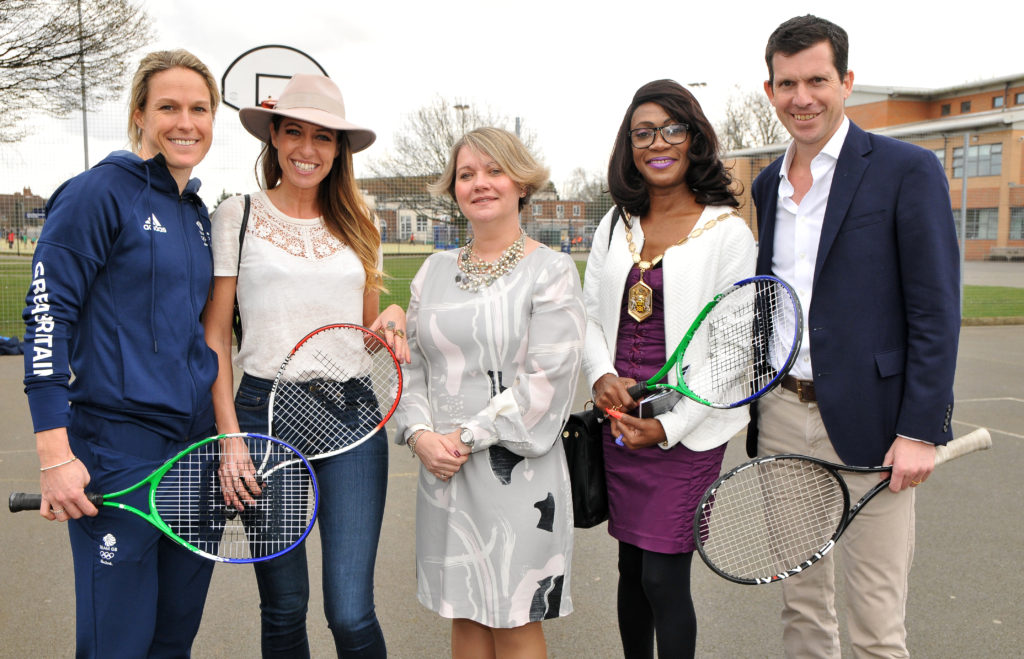 A 3 from left to right Crista Cullen Lady Wimbledon Kirsten Heard Mayor of Merton Tim Henman Raynes Park High School becomes first state school to be an accredited Tim Henman Foundation/BECSLink Community