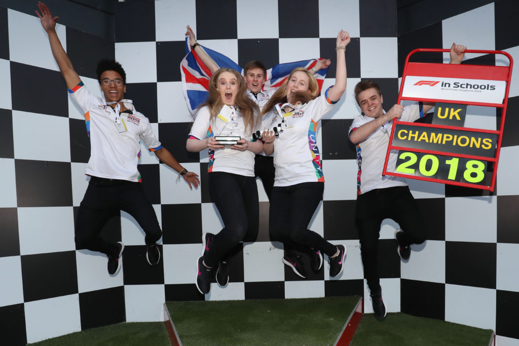 Celebrating on the Silverstone podium left to right Aaron Morris Lucy Brooks Michael Farrell Morgan Lis Sam Chapman Gateshead student team crowned UK “F1 in Schools” 2018 champions