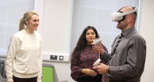 Meg Bowyer Simran Cheema and David Webb demonstrating the app University of Staffordshire develops app to tackle violence against women