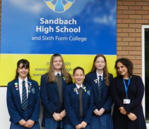 Sandbach High L to R Sophie Eleanor Evelyn Chloe Mrs Walton Headteacher Stronger Than Hate: Cheshire pupils win international anti-hate challenge