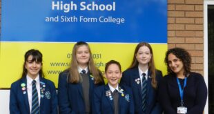 Sandbach High L to R Sophie Eleanor Evelyn Chloe Mrs Walton Headteacher Stronger Than Hate: Cheshire pupils win international anti-hate challenge
