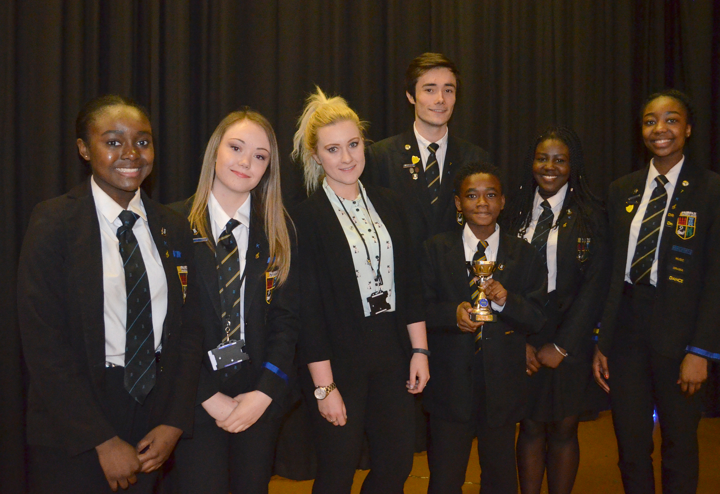 The winners Aaron Williams Sydneé Thompson Shané Thompson Suriah Thompson Molly Bennett and Tobias Martin Clarke with Kenilworth Head of2 Fairfax pupils reveal their talent to raise money for Comic Relief