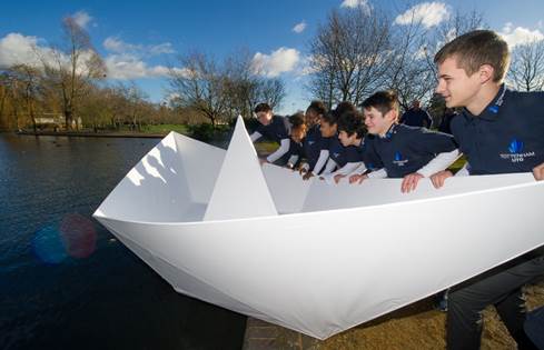 image004 Land ahoy! Young engineers launch giant origami paper boat